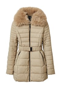 Beige Daunenjacke mit einem Kunstfellkragen, tailliertem Schnitt, gestepptem Design und Reißverschlusstaschen. Vorderer Reißverschluss und lange Ärmel.