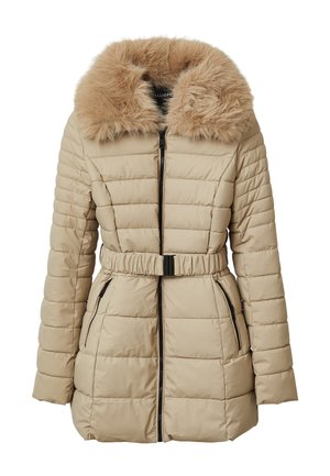 Beige Daunenjacke mit einem Kunstfellkragen, tailliertem Schnitt, gestepptem Design und Reißverschlusstaschen. Vorderer Reißverschluss und lange Ärmel.