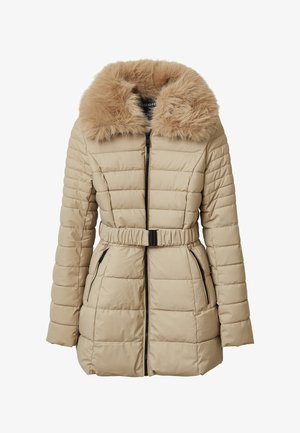 Beige Daunenjacke mit einem Kunstfellkragen, tailliertem Schnitt, gestepptem Design und Reißverschlusstaschen. Vorderer Reißverschluss und lange Ärmel.