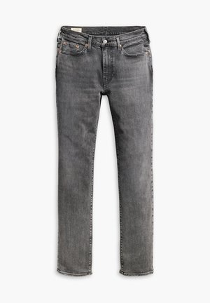 Grå slim-fit jeans med fem fickor och knappstängning, upplagda platt mot en vit bakgrund.