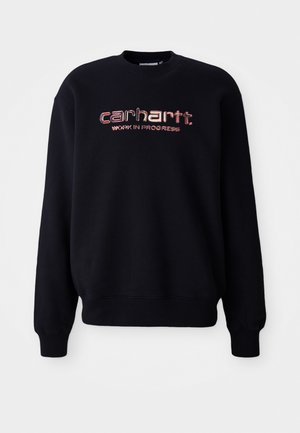 Sweatshirt noir en mélange de coton avec un col rond, arborant "carhartt. WORK IN PROGRESS" brodé dans des couleurs contrastées.