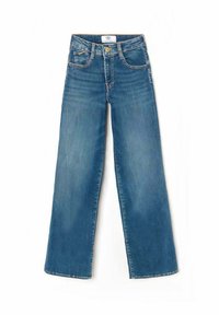 Jeans en denim bleu clair avec une coupe large, featuring cinq poches, passants de ceinture et un léger délavage. Fermeture à bouton et zip.