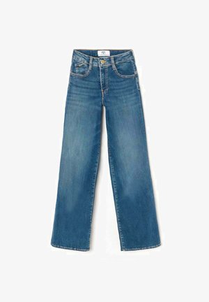 Jeans in denim azzurro chiaro con taglio a gamba larga, dotati di cinque tasche, passanti per cintura e leggero sbiadimento. Chiusura con bottone e zip.