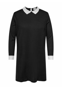 Crna haljina dugih rukava, bijela ovratnik i bijeli detalji na manžetama. Mekani materijal sa ravnim krojem, prikladna za razne prilike.