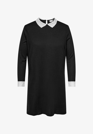 Czarna sukienka z długimi rękawami, białym kołnierzykiem i białymi akcentami przy mankietach. Miękka tkanina o prostym kroju, odpowiednia na różne okazje.
