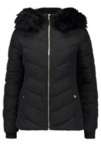 Svart quiltad vinterjacka med framsidan dragkedja, två fickor med tryckknappar, ribbade ärmslut och huva med fuskpäls.