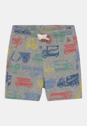 Graue Kleinkinder-Shorts mit bunten Aufdrucken von Lastwagen, Traktoren und Baumaschinen, ausgestattet mit einem elastischen Bund und weißem Kordelzug.