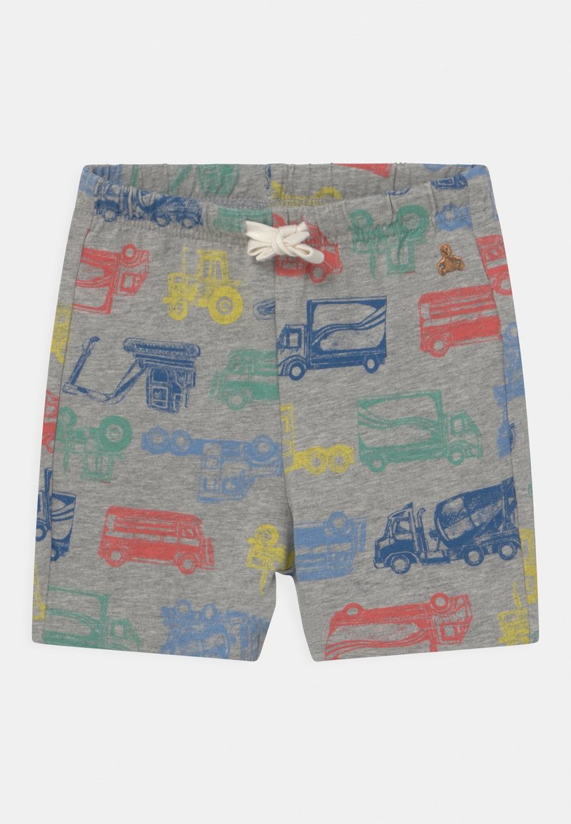 Shorts gris pour tout-petits avec imprimés colorés de camions, tracteurs et engins de chantier, dotés d'une taille élastique et d'un cordon blanc.