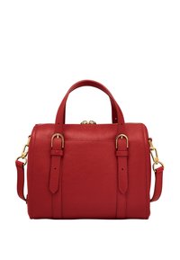 Sac à main en cuir rouge avec une finition texturée, deux anses supérieures et une bandoulière amovible. Présente des accessoires en métal doré et des boucles.