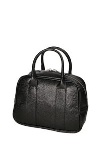 Borsa a mano nera in pelle con finitura texturizzata, dotata di due manici corti e arrotondati e chiusura con zip. Forma rettangolare compatta.