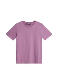 Lilla kortærmet T-shirt lavet af blødt stof, med rund halsudskæring og subtilt logo-detail på forsiden.