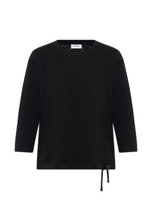 Haut noir à manches longues en tissu doux, avec un col rond et un cordon de serrage réglable à l'ourlet pour un ajustement personnalisé.