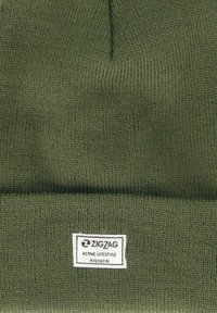 Grøn strikket beaniehat med en foldet kant, der har et hvidt mærke med teksten "ZIGZAG ACTIVE LIFESTYLE" og et hashtag. Blød tekstur.