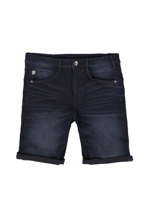 Shorts in denim blu scuro con risvolti, cinque tasche, chiusura frontale con bottone e leggera scoloritura sul tessuto per aggiungere texture.