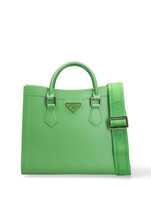 Green structured handbag with double handles, detachable patterned shoulder strap, and Marc Ellis logo plaque on front.