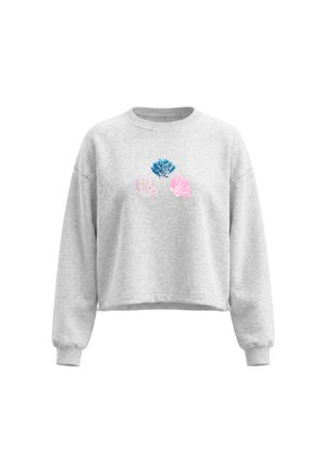 Lysegrå cropped sweatshirt med lange ærmer, ribbet manchetter og tre palietbeklædte skaldyrsdesigns i blå, lyserød og sart lyserød på brystet.