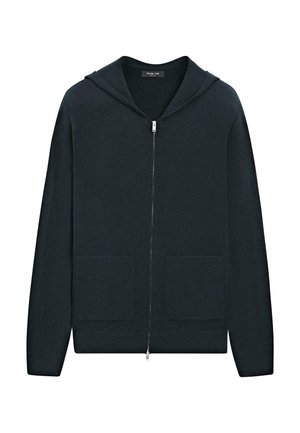 Dunkelgrauer, gestrickter Kapuzenpullover mit Reißverschluss, Kapuze, zwei Fronttaschen und gerippten Akzenten an den Schultern. Glatte Textur, lockere Passform.