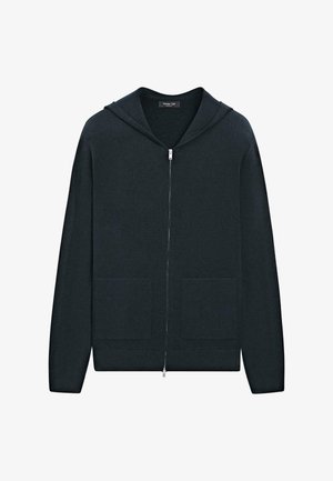 Dunkelgrauer, gestrickter Kapuzenpullover mit Reißverschluss, Kapuze, zwei Fronttaschen und gerippten Akzenten an den Schultern. Glatte Textur, lockere Passform.