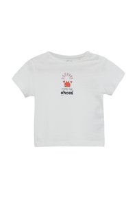Weißes Baumwoll-T-Shirt mit kurzen Ärmeln, das ein rotes Krabbenmotiv und den Text "Sonnige Tage voraus" aufweist. Enthält zwei Druckknöpfe an der Schulter.
