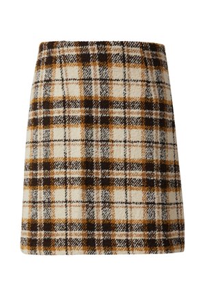 Wollener Minirock mit einem Karo-Muster in Creme, Braun und Senfgelb. Gerade geschnitten mit einer strukturierten Oberfläche und ohne sichtbare Verschlüsse.
