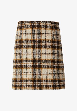 Wollen miniskirt met een crèmekleurig, bruin en mosterdkleurig ruitpatroon. Rechtdoor gesneden met een gestructureerde afwerking en zonder zichtbare sluitingen.