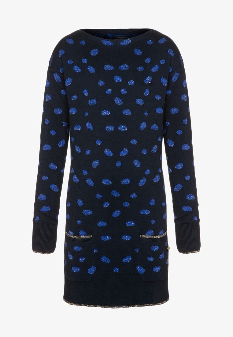 Abito a maglia navy con pois blu glitterati, maniche lunghe, due tasche frontali e bordi e orlo accentuati in oro. Materiale in maglia morbido.
