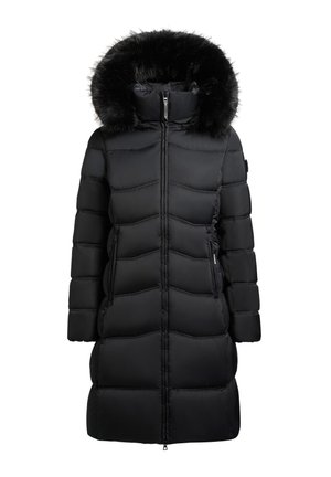 Cappotto invernale padded nero con cappuccio foderato in pelliccia sintetica, dettagli di cucitura verticale, chiusura frontale con zip e due tasche laterali. Design di lunghezza lunga.