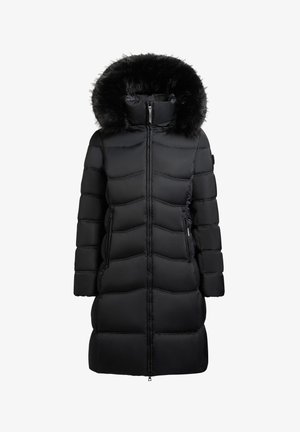Sort polstret vinterjakke med en faux fur-fór på hætten, lodret syning, lynlås foran og to sidelommer. Lang længde design.