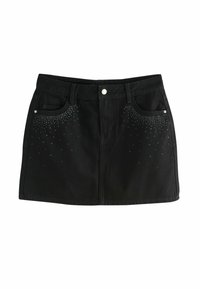 Sort denimnederdel med forlommer, sølvhardware og dekorative rhinestones arrangeret i et gradientmønster på lommerne.
