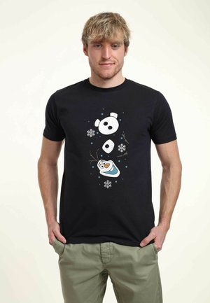 Black cotton t-shirt featuring a graphic design of a panda, snowflakes, and Olaf's face, printed in white and blue. Short sleeves.