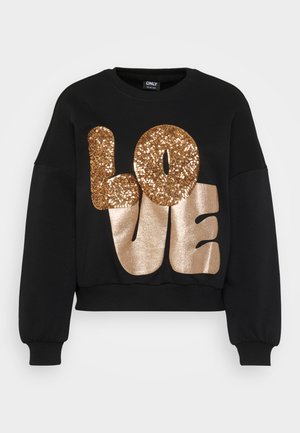 Sweatshirt preta com design cropped. Apresenta letras grandes, douradas e cintilantes que soletram "LOVE". Punhos e decote canelados.