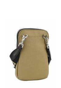 Petit sac bandoulière rectangulaire beige avec sangle noire réglable et attaches métalliques argentées sur fond blanc.