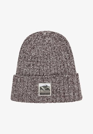 Bonnet en tricot bordeaux foncé avec un motif tacheté de blanc, présentant un revers et une étiquette avec un logo de montagne.