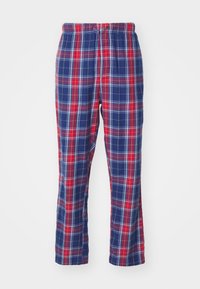 Pantalones de pijama de algodón a cuadros en azul marino, rojo y blanco, con una cinturilla elástica y un ajuste relajado con piernas rectas.