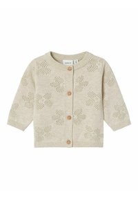 Cardigan lavorato a maglia beige con motivo floreale, scollatura rotonda, maniche lunghe e bottoni di legno sulla parte anteriore. Texture morbida e leggera.