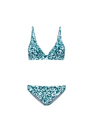 Ensemble de bikini teal comprenant un bralette triangulaire avec des bretelles réglables et un bas taille basse assorti, tous deux ornés d'un imprimé animalier abstrait blanc.