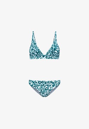 Ensemble de bikini teal comprenant un bralette triangulaire avec des bretelles réglables et un bas taille basse assorti, tous deux ornés d'un imprimé animalier abstrait blanc.