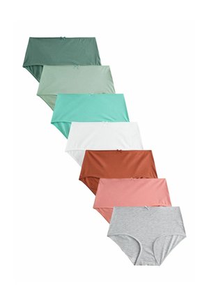 Hét női magasderekú pamut alsónadrág zöld, világoszöld, tengerzöld, fehér, rozsdabarna, rózsaszín és szürke színekben, mindegyiken kis masni elöl.