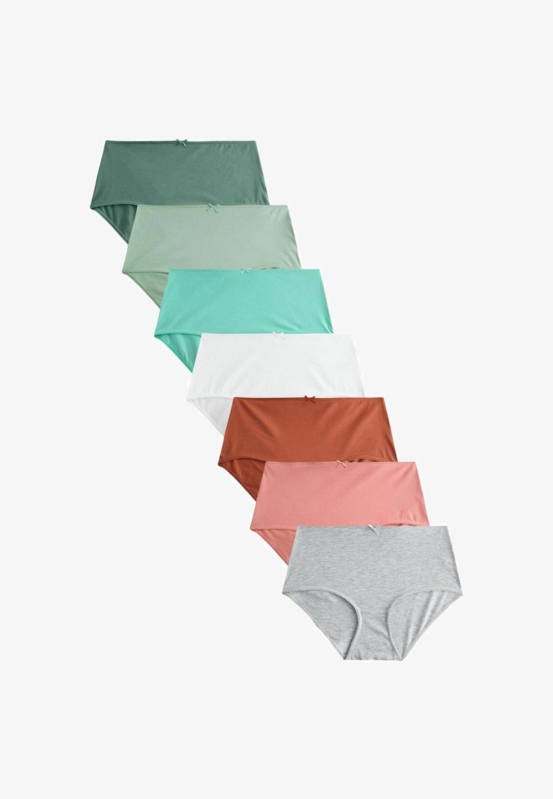 Sept culottes taille haute en coton pour femmes en vert, vert clair, sarcelle, blanc, rouille, rose et gris, chacune avec un petit nœud à l'avant.