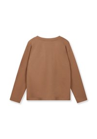 Sweat-shirt brun à manches longues en tissu doux, avec un col rond et une coupe décontractée. Design minimaliste sans motifs ni accents visibles.
