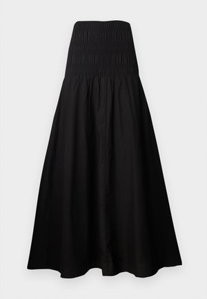 Black strapless midi dress with fitted ruched bodice and flared skirt, made of lightweight fabric.