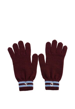 Par de guantes de punto color granate con puños a rayas azules y blancas y pequeño logotipo circular en cada muñeca.