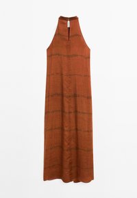 Sleeveless, rust-colored maxi dress with vertical tie-dye stripes, featuring a high neckline and back keyhole cutout.