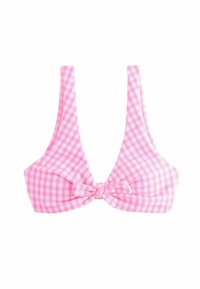 Top bikini in gingham rosa con tessuto testurizzato, caratterizzato da spalline larghe e un dettaglio a fiocco al centro davanti. Forma triangolare classica.