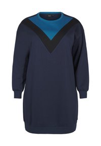 Vestito felpa blu navy con maniche lunghe, design a V in teal e nero sul petto e polsini a costine sulle maniche e sull'orlo.