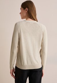 Pull beige avec une texture douce, à manches longues et un ourlet côtelé. Présente des manches raglan et un design simple, porté sur un pantalon sombre.