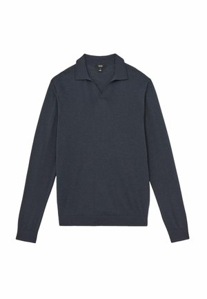 Polo pulover cu mâneci lungi de la Navy, dintr-un material tricotat ușor, design cu decolteu în V, guler și mansete ribbate, stil minimalist fără logo-uri vizibile.