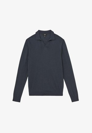Navy long-sleeve polo sweater, lightweight knit fabric, V-neck design, ribbed collar and cuffs, minimalistic style with no visible logos.