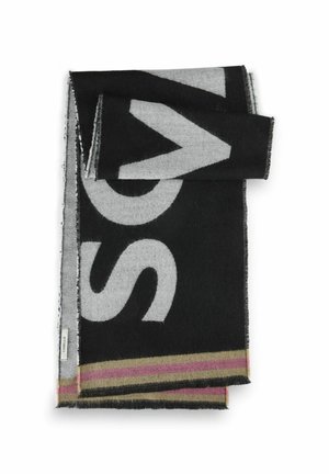 Schwarzer Schal mit großen grauen Schriftzügen, abgeschlossen mit fransigen Kanten und einem bunten gestreiften Saum in Pink und Grün. Weiche, wollähnliche Textur.