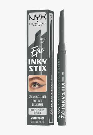 Eyeliner gel crème mat NYX Epic Inky Stix en gris Off-Grid avec pointe biseautée, emballage montrant un œil avec un trait d'eyeliner ailé. Résistant à l'eau, 0,1 g.